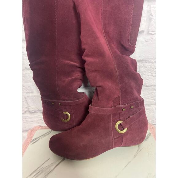 Pure Sole Burgundy Leather Suede Flat Women’s Boots - Picture 3 of 6